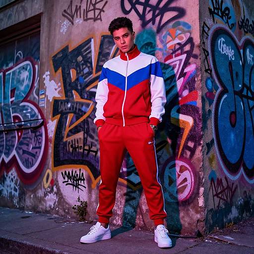 Photograph of a young man with short curly hair, wearing a red, white, and blue track suit, standing against a graffiti-covered wall. He