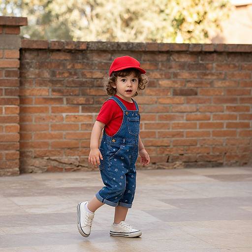 Photograph of a curly-haired toddler in red shirt, blue overalls, white sneakers, and red cap, walking on a concrete path in front of