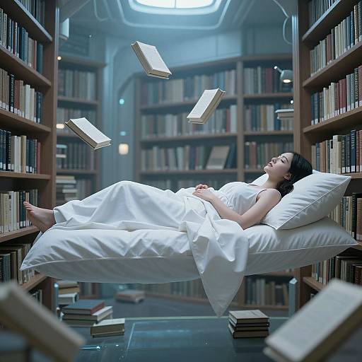 Photograph: Dreamy library scene with a woman in white bed suspended mid-air, surrounded by floating books, surrounded by tall bookshelves.