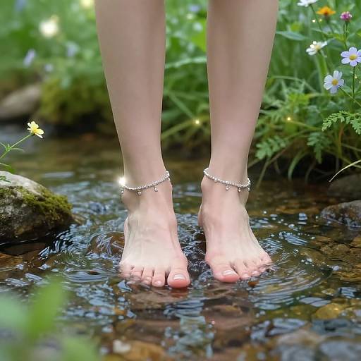 Photograph of bare feet with silver anklets standing in a shallow, clear stream surrounded by greenery and small flowers.