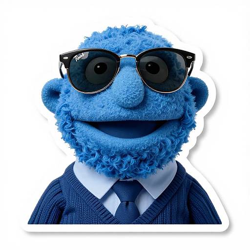 Photograph of a blue, fuzzy Cookie Monster wearing black, oversized sunglasses and a dark blue sweater with a white shirt and black tie.