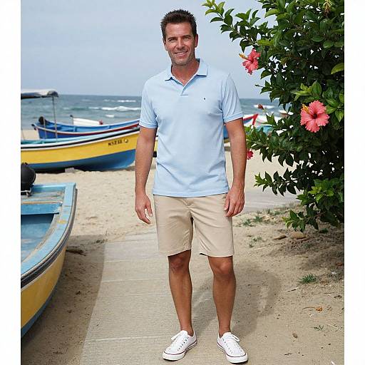Photograph of a smiling, muscular man with short brown hair, wearing a light blue polo, beige shorts, and white sneakers, standing on a sandy