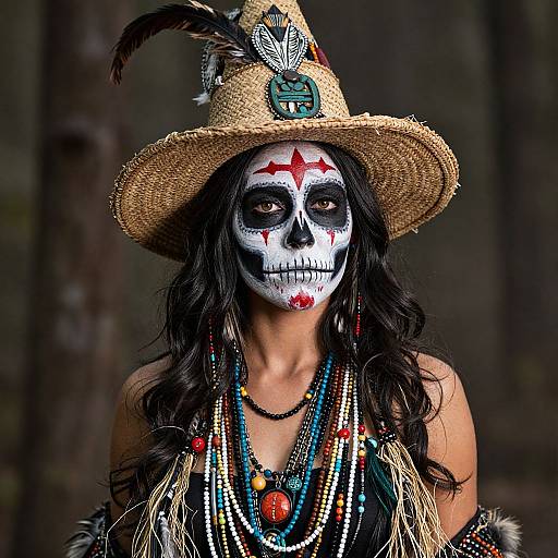 Photograph of a woman in Day of the Dead makeup, wearing a straw hat with feathers, colorful bead necklaces, and black feathered attire,
