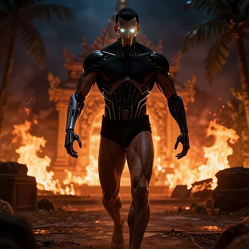 CGI image of a muscular, black, glowing-eyed, robotic humanoid in briefs, walking towards a fiery, ancient temple backdrop with palm trees.
