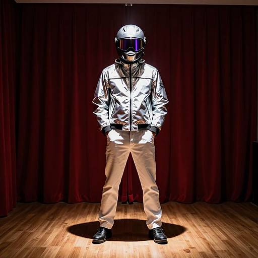 Confident Figure in Reflective Silver Jacket