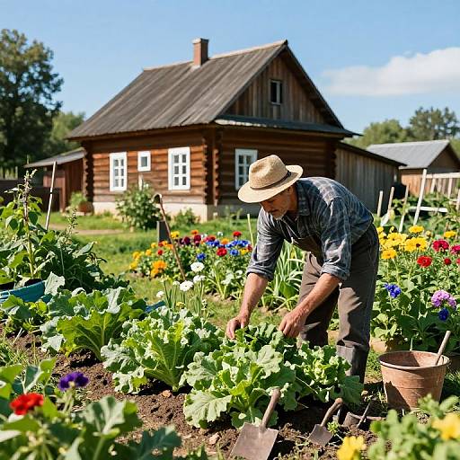 Villager Tending Lush Rural Garden