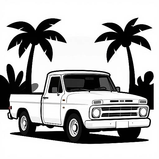 Black-and-white digital illustration of a classic pickup truck with two palm trees in the background, using bold, high-contrast silhouettes.