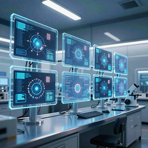 Photograph of a high-tech laboratory with eight illuminated, blue-lit computer monitors displaying futuristic interface screens on a sleek, white workstation. Fluorescent