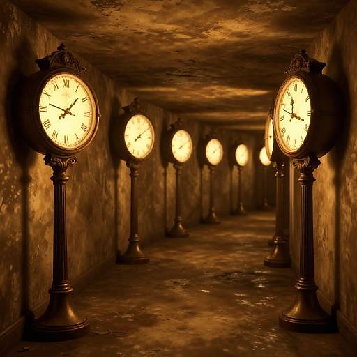 Photograph of a dimly lit, narrow, rustic tunnel with four vintage, glowing wall-mounted clock faces, casting warm, eerie light.
