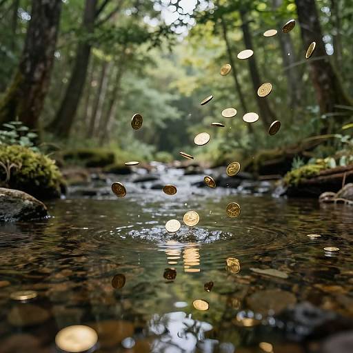 Photograph of coins mid-air, splashing into a forest creek with sunlight filtering through trees, creating reflections on the water.