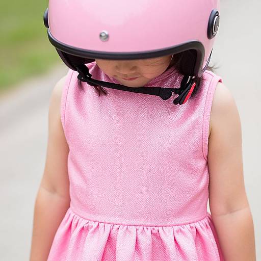 Photograph of a young girl in a pink polka-dot dress and pink helmet, looking down, with a blurred outdoor background.