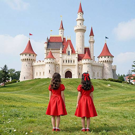 Photograph of two young girls in red dresses and bows, facing a grand, white castle with red roofs, set on a grassy hill. Bright