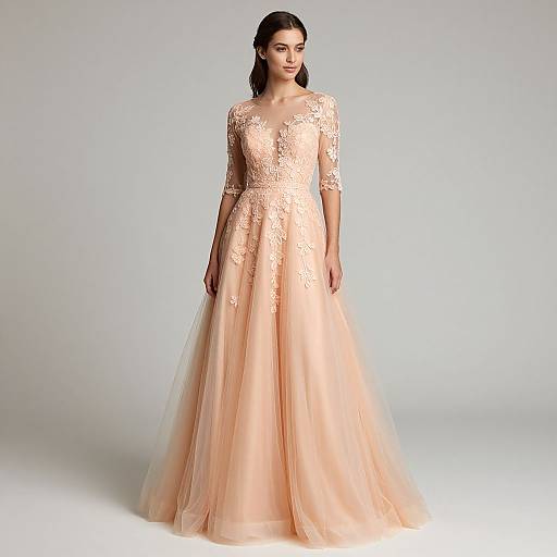 Elegant Peach Appliqué Tulle Prom Dress