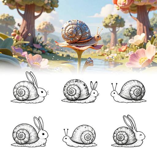Whimsical Surreal Snail Line Art