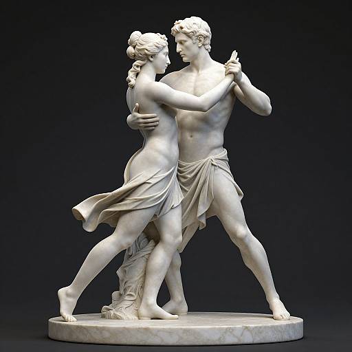 Photograph of a white marble statue depicting a dancing couple, both semi-nude with draped fabric, standing on a circular base against a black background.