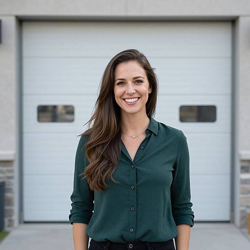 Photograph of a smiling woman with long brown hair, wearing a dark green button-up shirt, standing in front of a white garage door.