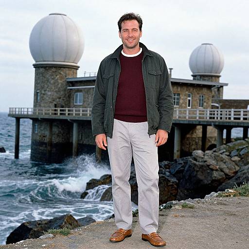 Photograph of a smiling Caucasian man with short dark hair, wearing a black jacket, maroon sweater, white pants, and brown shoes, standing in