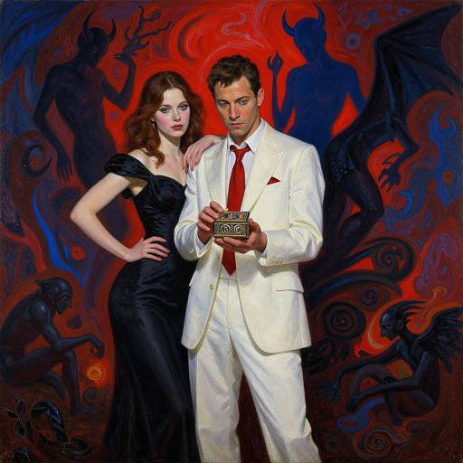 Digital painting of a pale-skinned brunette woman in a black dress and a dark-haired man in a white suit with red tie, holding a book,