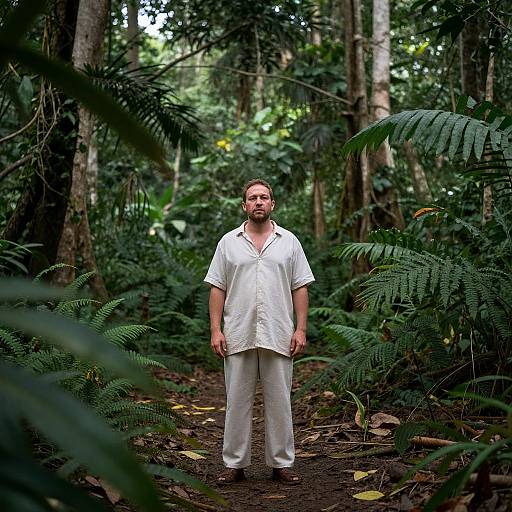 Photograph of a bearded man with short brown hair, wearing a white shirt and pants, standing on a forest path surrounded by lush green foliage.