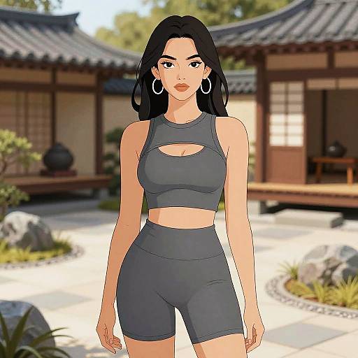 Willowy Woman in Streetwear Zen Garden