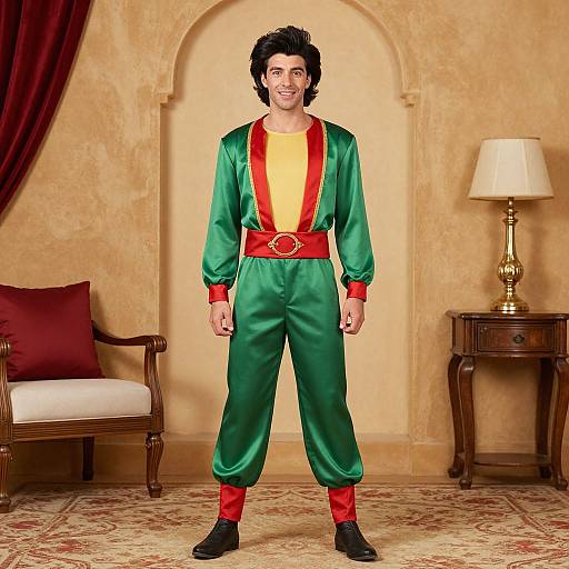 Photograph of a smiling man in a green and red costume with a deep V-neck, red belt, and red socks, standing in a warmly lit