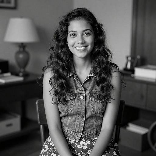 Smiling Woman in Denim Vest Sitting Indoors