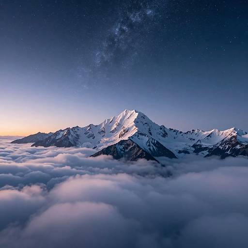 Photograph of a snow-capped mountain range under a starry night sky, with a galaxy visible above and clouds below, creating a serene, eth
