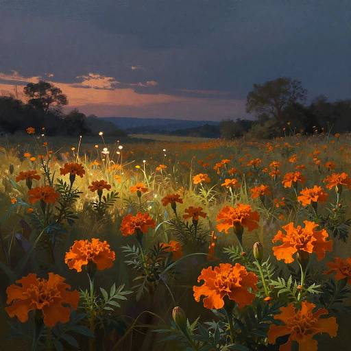 Twilight Fantasy Meadow with Marigolds