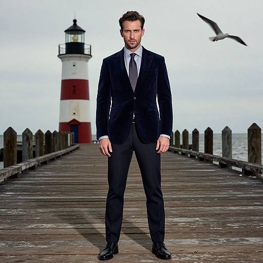 Photograph of a bearded man in a black suit and tie standing on a wooden pier, with a red-and-white lighthouse and seagull