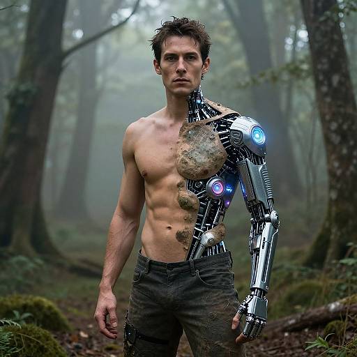 Photorealistic CGI of a shirtless, muscular man with a cybernetic left arm and shoulder, standing in a misty forest.