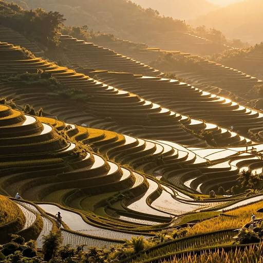 Photograph of sunlit terraced rice fields with golden sunlight casting shadows, creating wavy patterns; two farmers in the foreground.