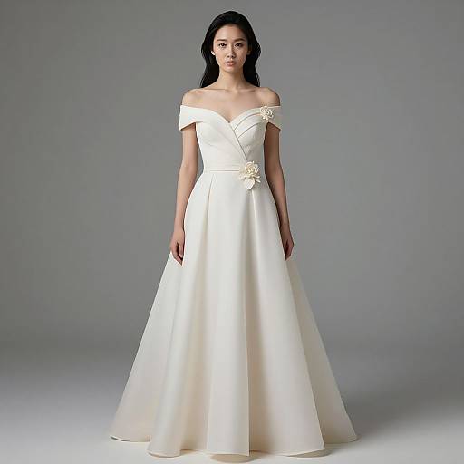 Photograph of an Asian woman with long black hair wearing an off-shoulder, white satin wedding gown with a floral accent, standing against a plain