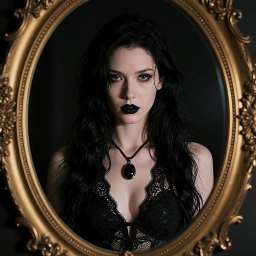 Photograph of a pale-skinned woman with long black hair, dark lipstick, wearing black lace lingerie and a black pendant, framed in an ornate