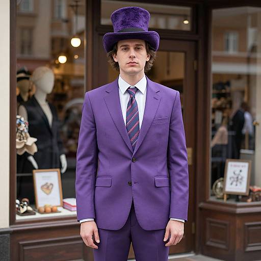 Photograph of a young man with curly brown hair in a purple suit, tie, and top hat, standing in front of a boutique window.