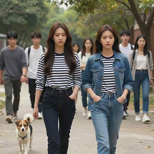 Young Adults Walking Outdoors with Dog