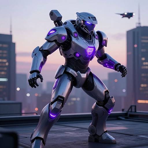 CGI image of a glowing purple and silver robotic warrior standing on a rooftop at sunset, with a helicopter in the background.