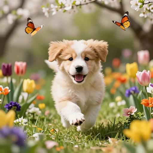 Adorable fluffy golden puppy joyfully runs through vibrant spring garden, surrounded by colorful tulips and two orange butterflies, with blossoming trees in the background