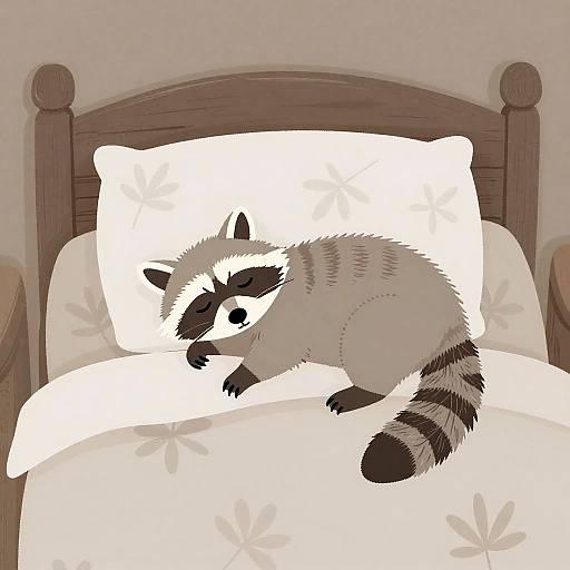 Digital illustration of a raccoon with black and white striped tail, lying on a white pillow with floral patterns, on a wooden bed.