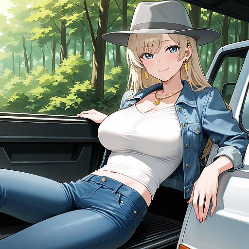 Platinum Blonde Leaning on Pickup Truck