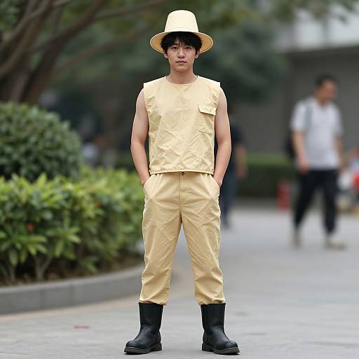 Photograph of an Asian man in a sleeveless yellow shirt, beige pants, black boots, and a beige hat, standing confidently in an urban park
