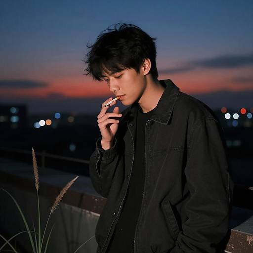 Pensive Man on Rooftop at Sunset