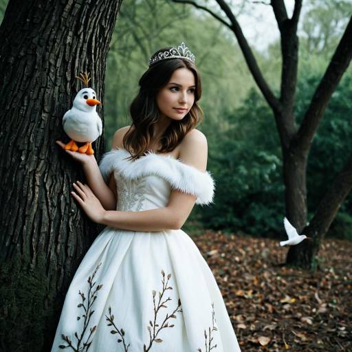 Woman in White Dress with Olaf Plush and Tiara