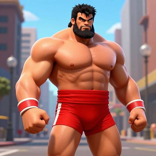 CGI image of a muscular, bearded man with a stern expression, wearing red shorts and white-trimmed wristbands, standing in a city