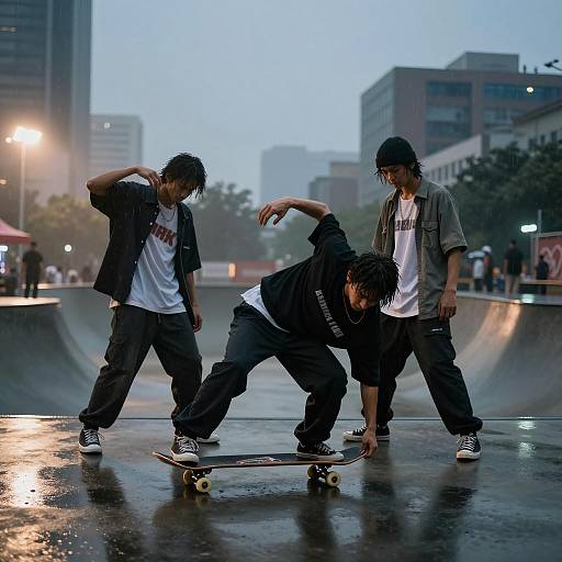 Skateboarders practicing in urban skate park at dusk