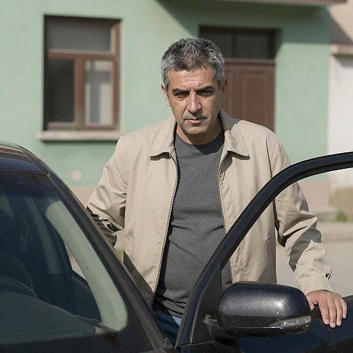 Serious Man by Black Car in Sunlight