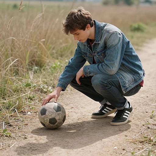 Young Man Crouching by Soccer Ball