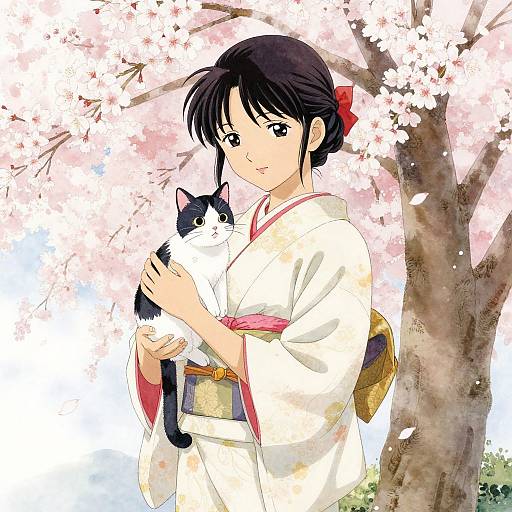 Anime-style digital drawing of a young Japanese woman in a white kimono holding a black and white cat under cherry blossoms.