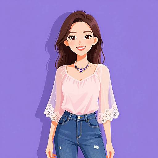 Digital anime-style illustration of a smiling woman with long brown hair, wearing a white lace blouse, blue jeans, and a purple necklace, against a solid