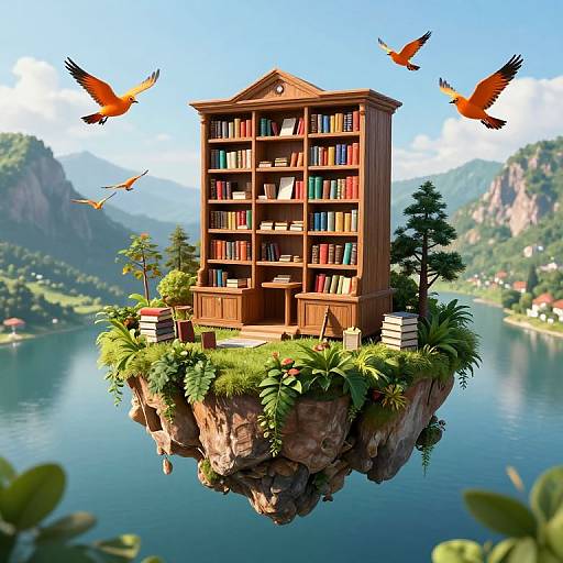 Digital artwork of a floating wooden library on a rock island, surrounded by lush greenery, with four orange birds flying above, set against a serene mountain