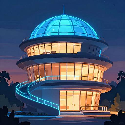 Digital illustration of a futuristic, dome-topped building with glowing blue dome and neon blue staircase, illuminated interior, set against a twilight sky.